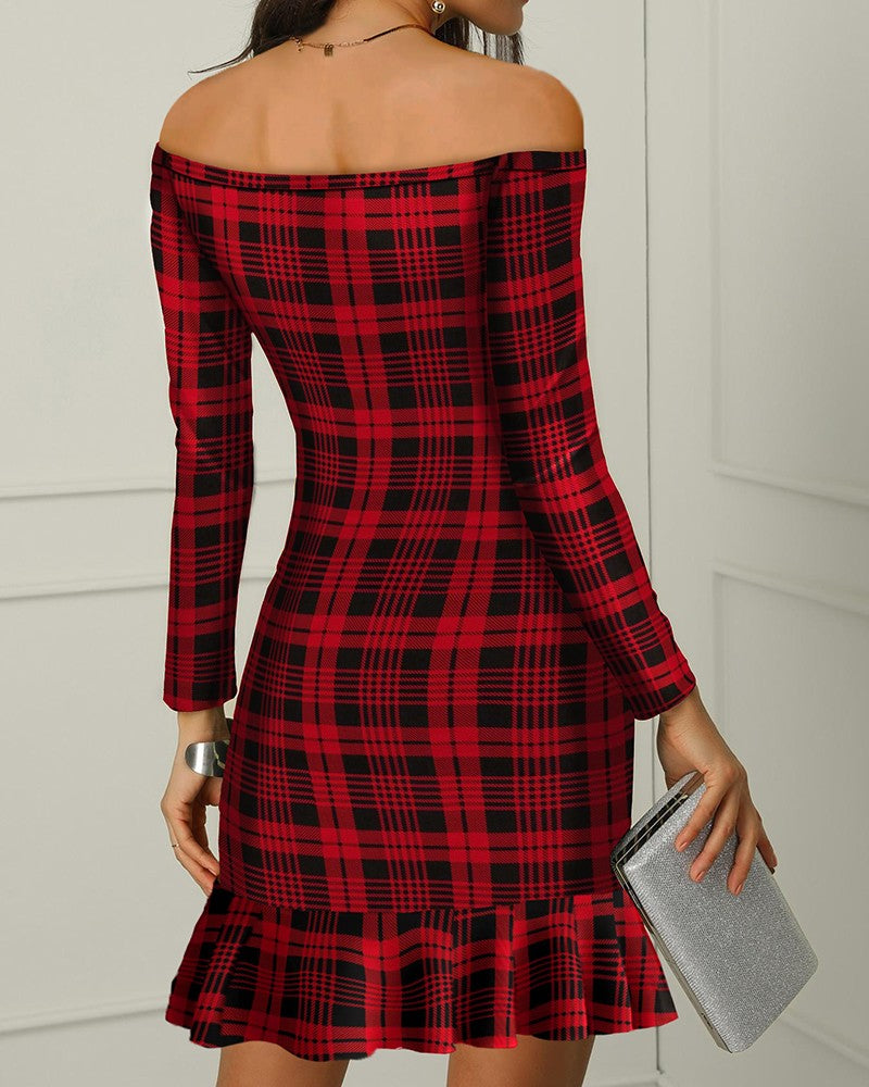 Off Shouldet Ruffle Hem Plaid Long Sleeve Women Dress