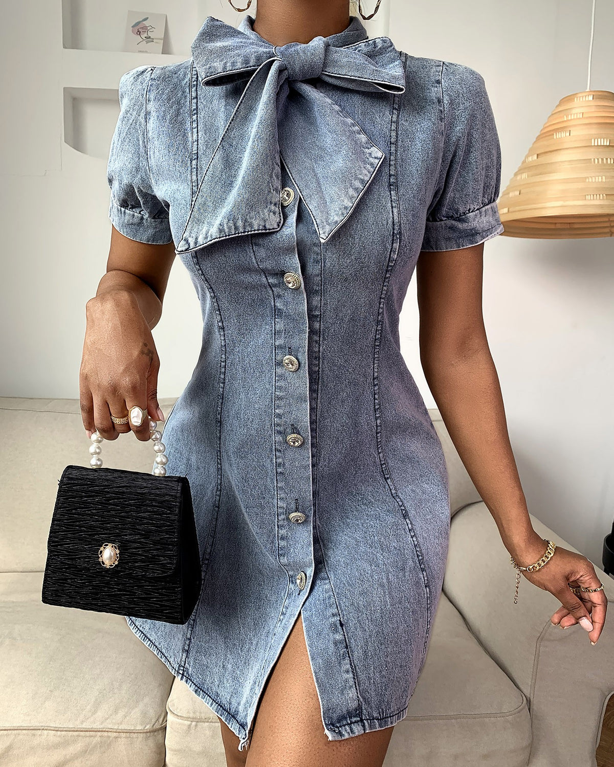 Kd Design Buttoned Short Sleeve Denim Dress