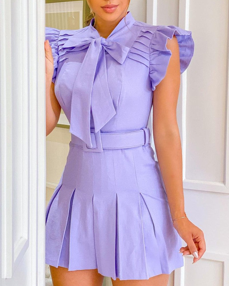 Ruffles Tie Neck Ruched Casual Women Dress