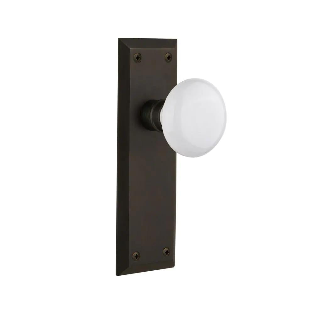 York Plate 2-3/8 in. Backset Oil-Rubbed Bronze Privacy Bed/Bath White Porcelain Door Knob