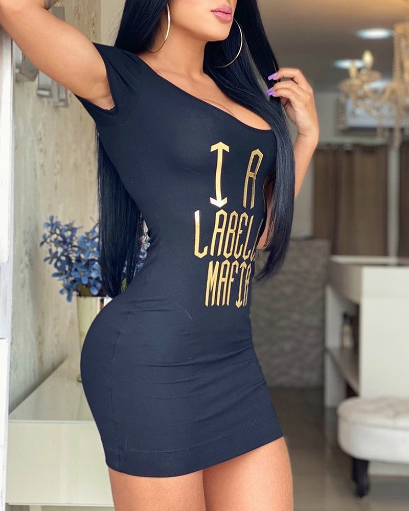 Letter Print Short Sleeve Bodycon Dress