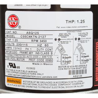 Motor, /US Motor, 0.75hp, 115/230v, 1-Spd, 48Yfr, SQFL