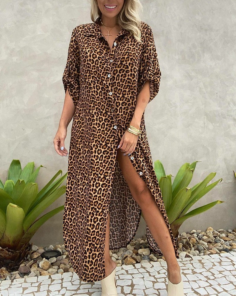 Allover Leopard Print Button Front Shirt Dress