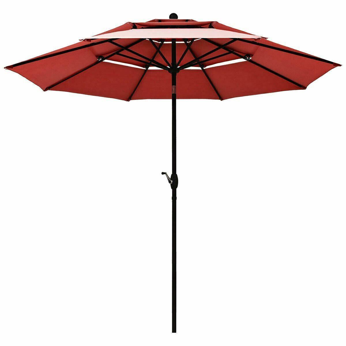 Burgundy 10ft 3 Tier Patio Umbrella Aluminum Sunshade Shelter Double Vented