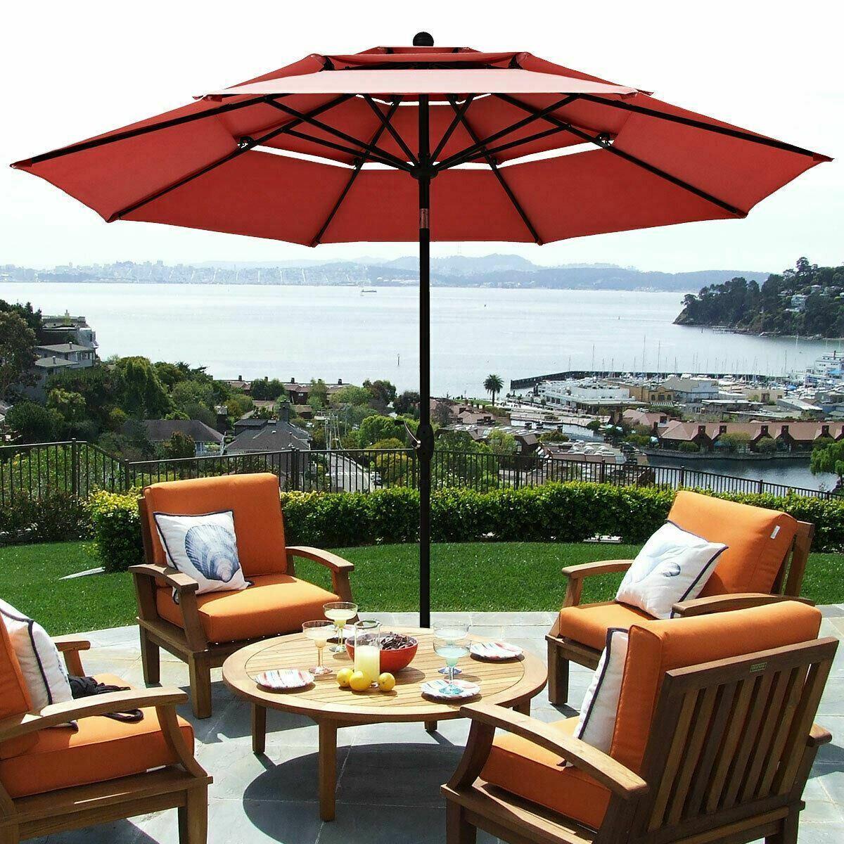 Burgundy 10ft 3 Tier Patio Umbrella Aluminum Sunshade Shelter Double Vented