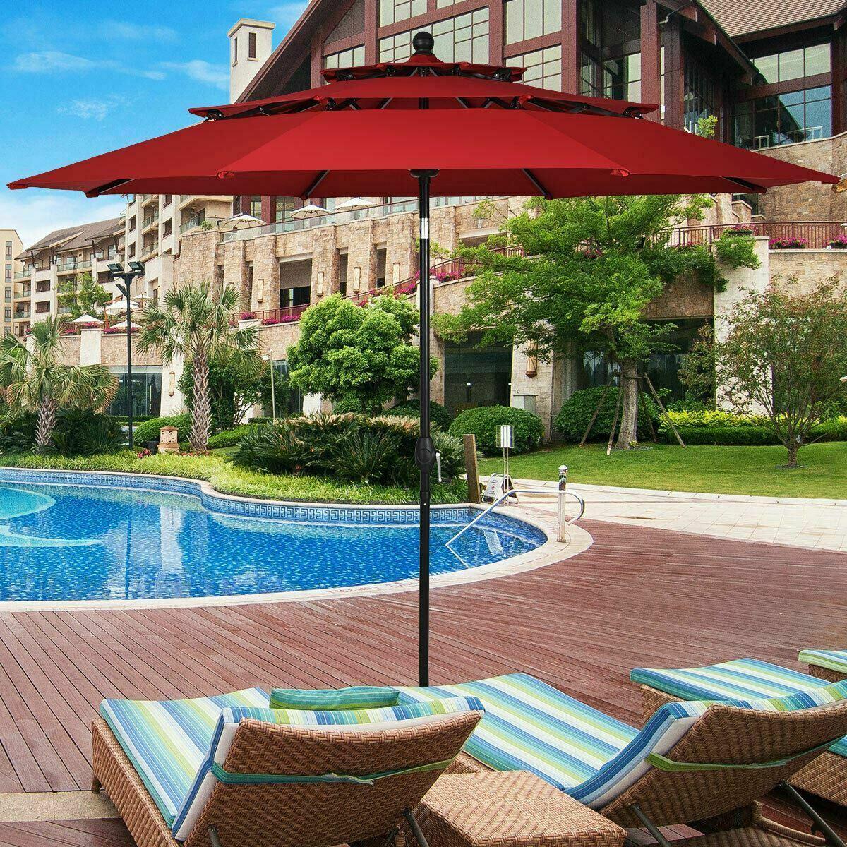 Burgundy 10ft 3 Tier Patio Umbrella Aluminum Sunshade Shelter Double Vented