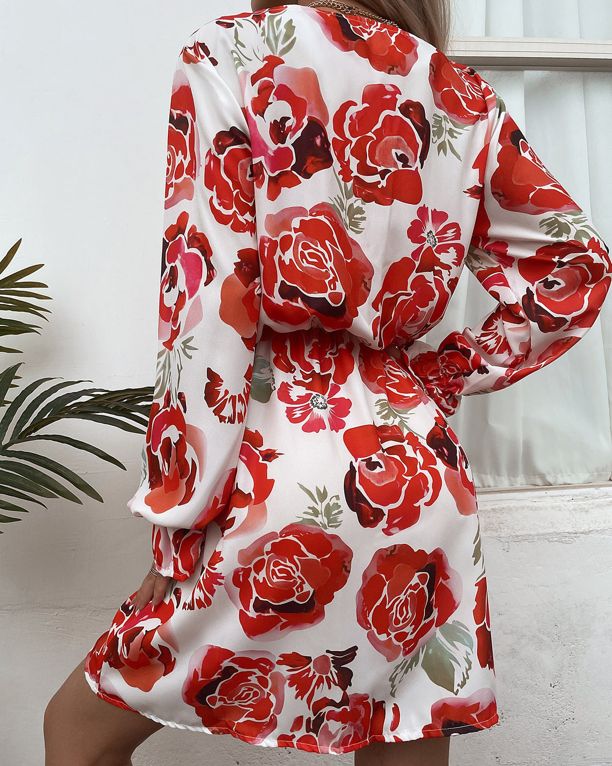 Floral Print Puff Lantern Sleeve V Neck Dress