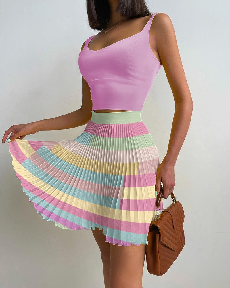 Sleeve Crop Top & Color Pleated Skirt Sets
