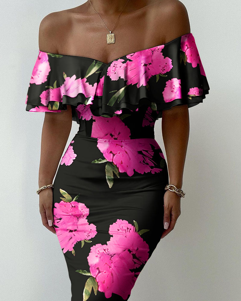 Floral Print Off Shoulder Ruffles ny Dress Slim Bodycon Dress Midi Dress