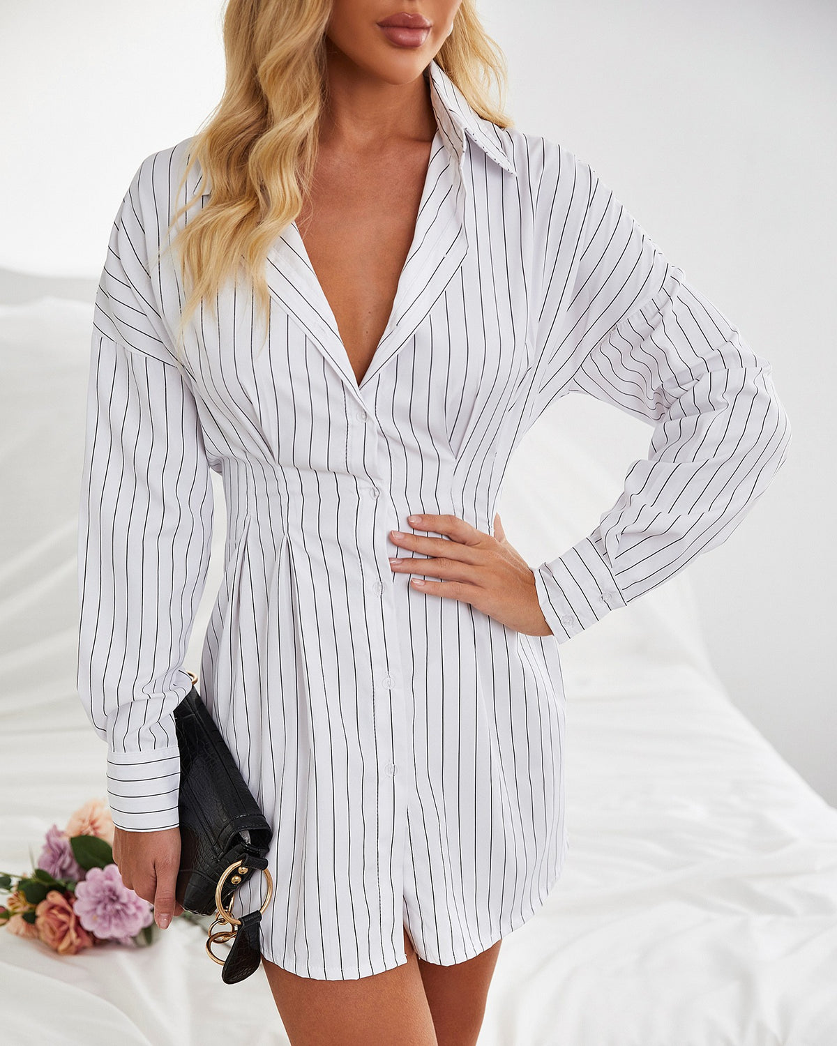 Striped Print Long Sleeve Shirt Dress