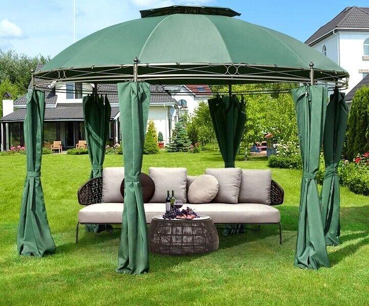 Round Gazebo 11.5 ' Canopy Durable Metal Frame Enclosed Curtains Garden Pergola