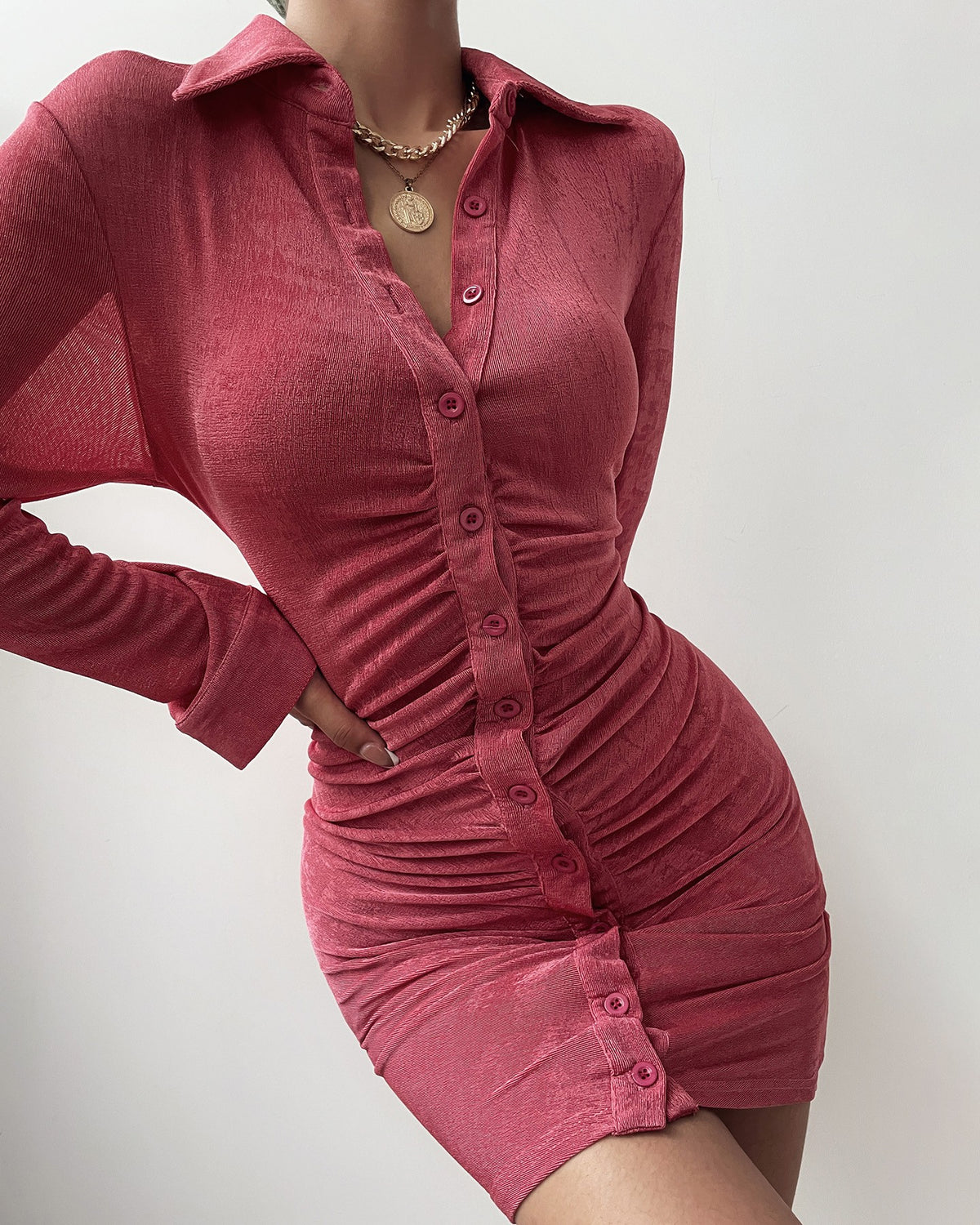 Solid Button Up Ruched Mini Dress
