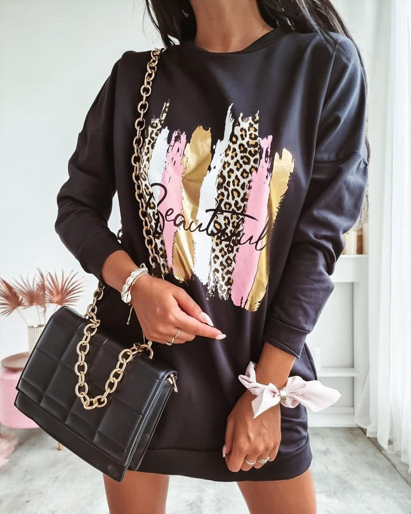 Letter Graphic Print Long Sleeve Sweatshirt Dress