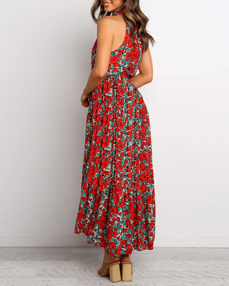 O Neck Sleeveless Floral Print Ruched Maxi Dress