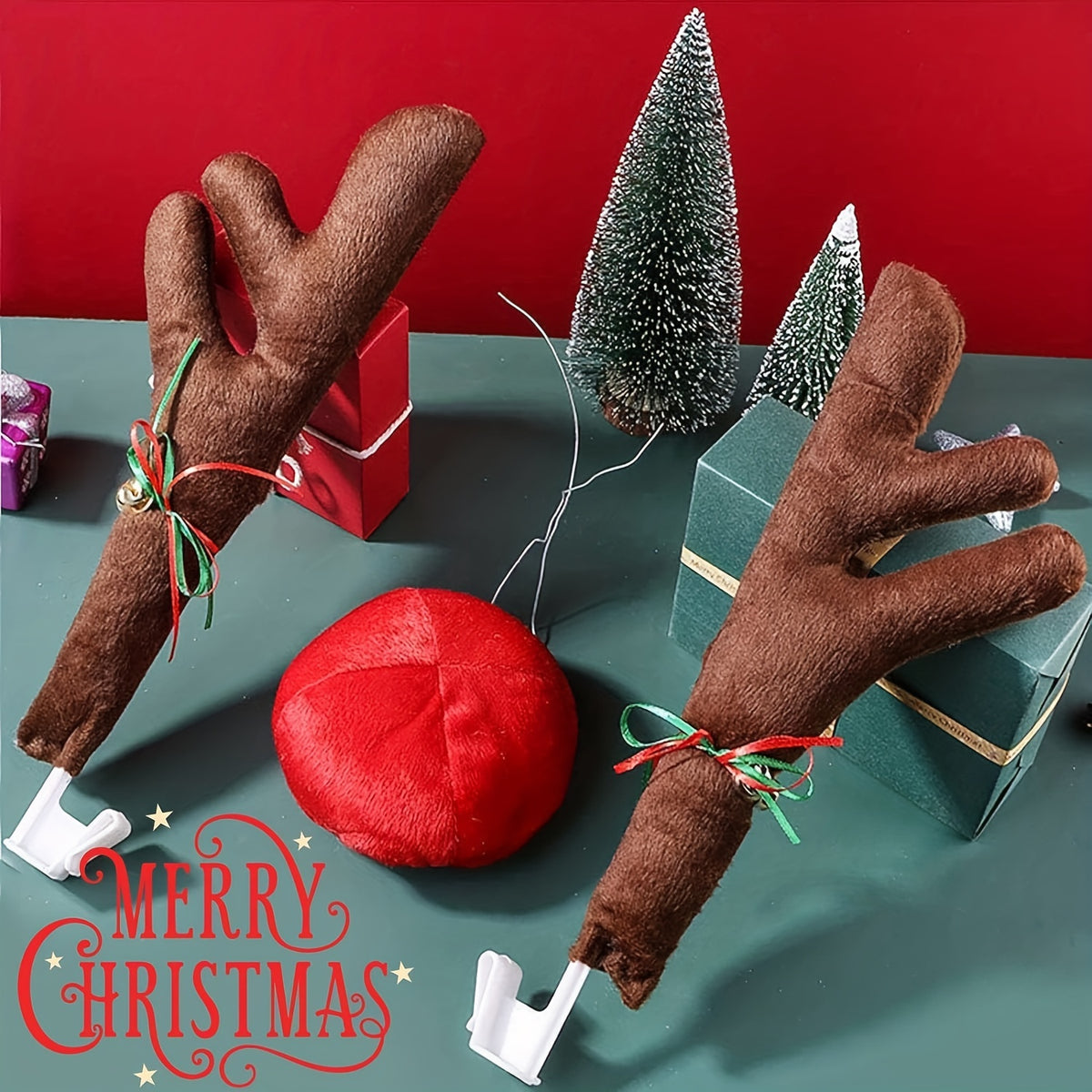 Car Reindeer Antlers &amp; Nose - Window Roof-Top &amp; Grille Rudolph Reindeer Jingle Bell Christmas Costume - Auto Accessories Decoration Kit