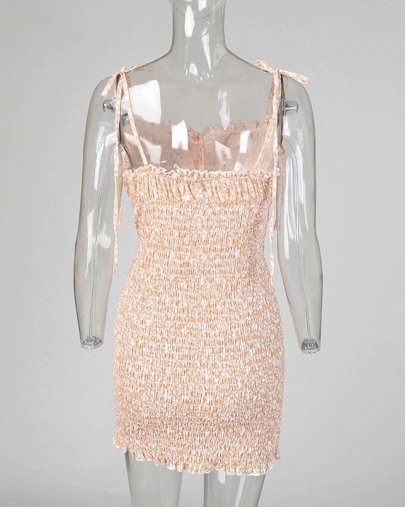 Floral Print Spaghetti Strap Shirring Dress