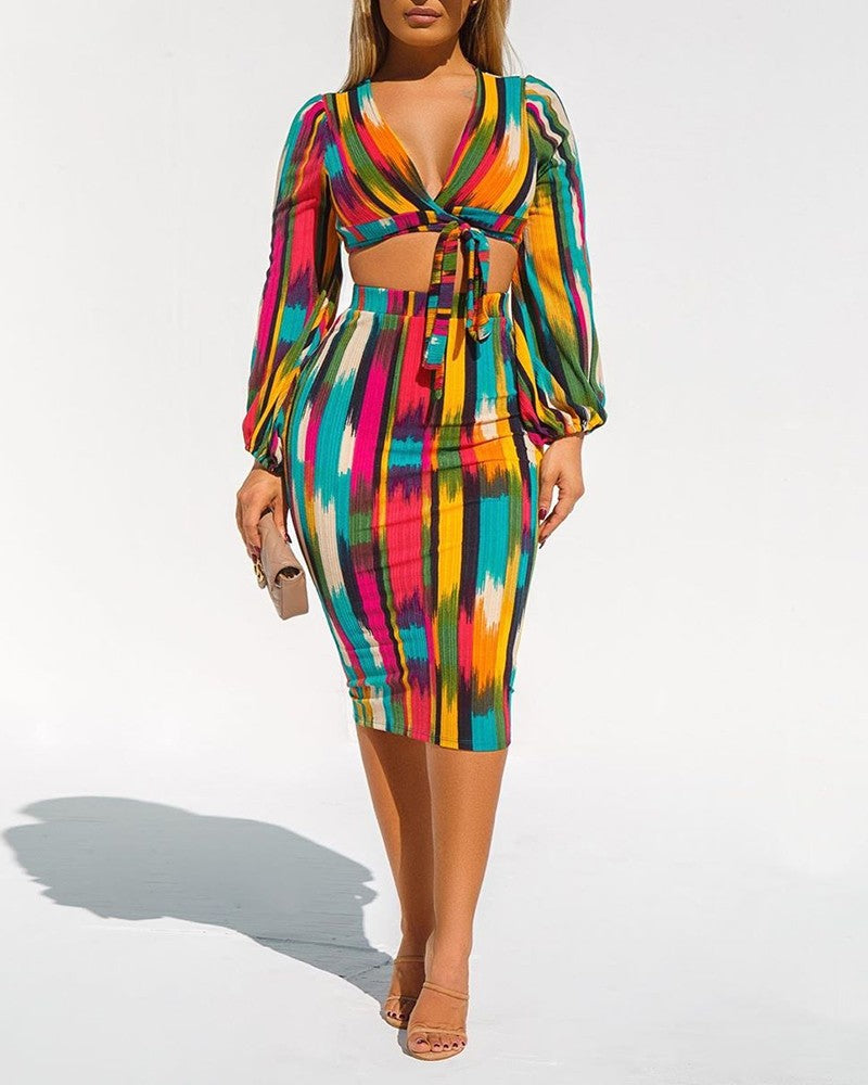 Color Lantern Sleeve Crop Top & Midi Skirt Sets