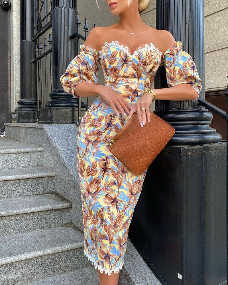 Floral Print Lace Trim Puff Sleeve Dress