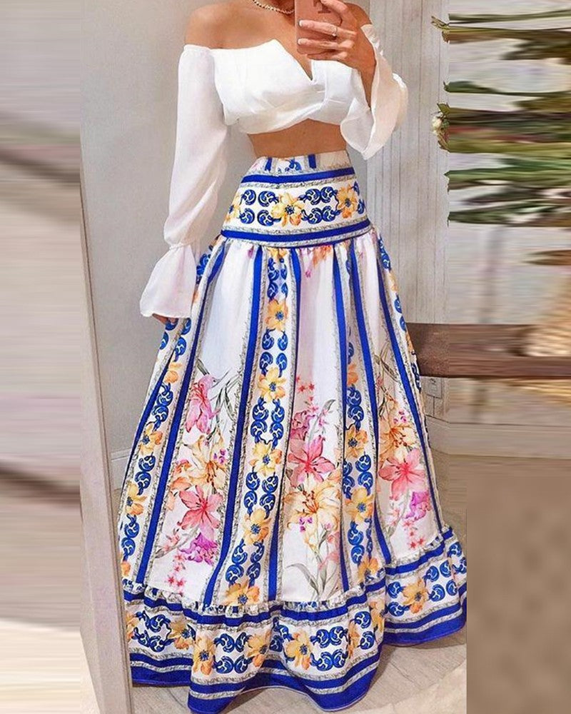 Off Shoulder Notched Flared Sleeves Crop Top & Floral Print Maxi Skirt Set