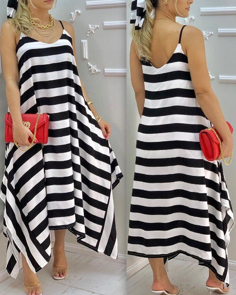 Color  Striped Sling Loose Maxi Dress
