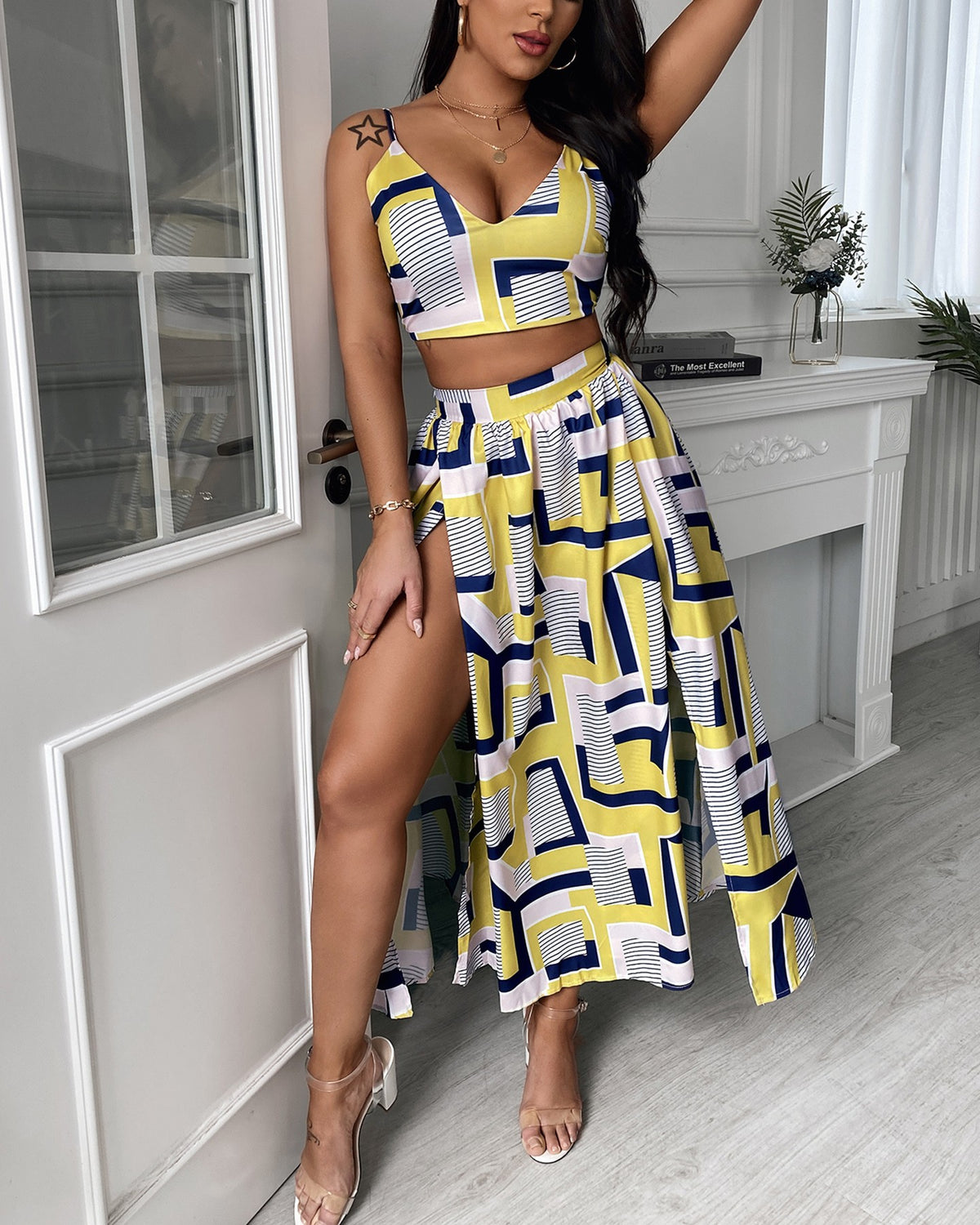 2 Pcs Crop Top & Maxi Skirt Set Sexy Color Women Sleeveless Vest & Geo Pattern High Slit Dress Suits