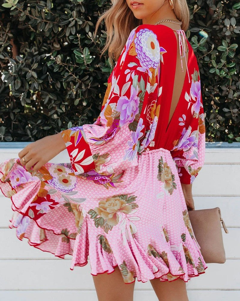 Floral Print Ruffles Hem Lantern Sleeve Casual Dress