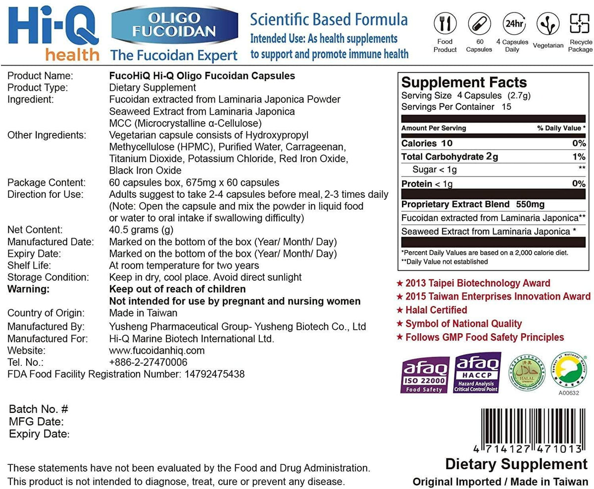 FucoHIQ® HI-Q Oligo Fucoidan Capsules - 550mg, Doctor Recommend Fucoidan, Extra Strength Immune Support, for All Ages, Vegetarian, Halal Certified, 60 Veggie Capsules, Made in Taiwan (3 Pack)