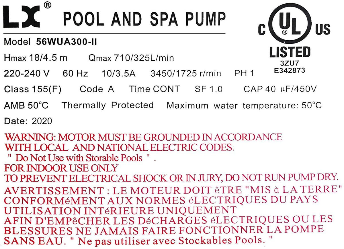 KL KEY LANDER Hot Tub Spa Pump, 3HP, Two Speed, 56Frame, LX Motor, (220-240V/60Hz); 2" Port; OEM#1019801-03 and 56WUA300-II