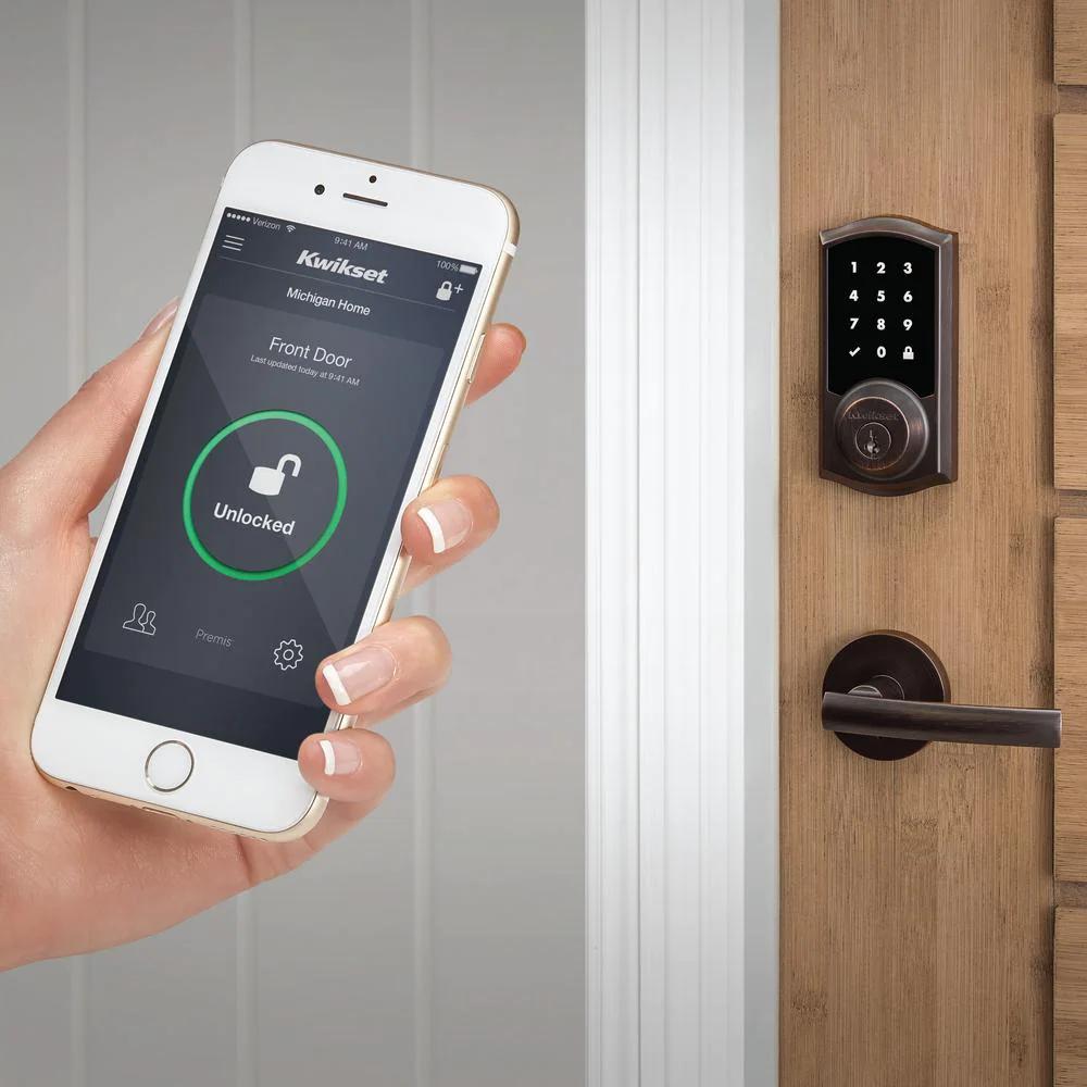 Premis Touchscreen Smart Lock Single Cylinder Venetian Bronze Electronic with Avalon Handleset and Tustin Lever