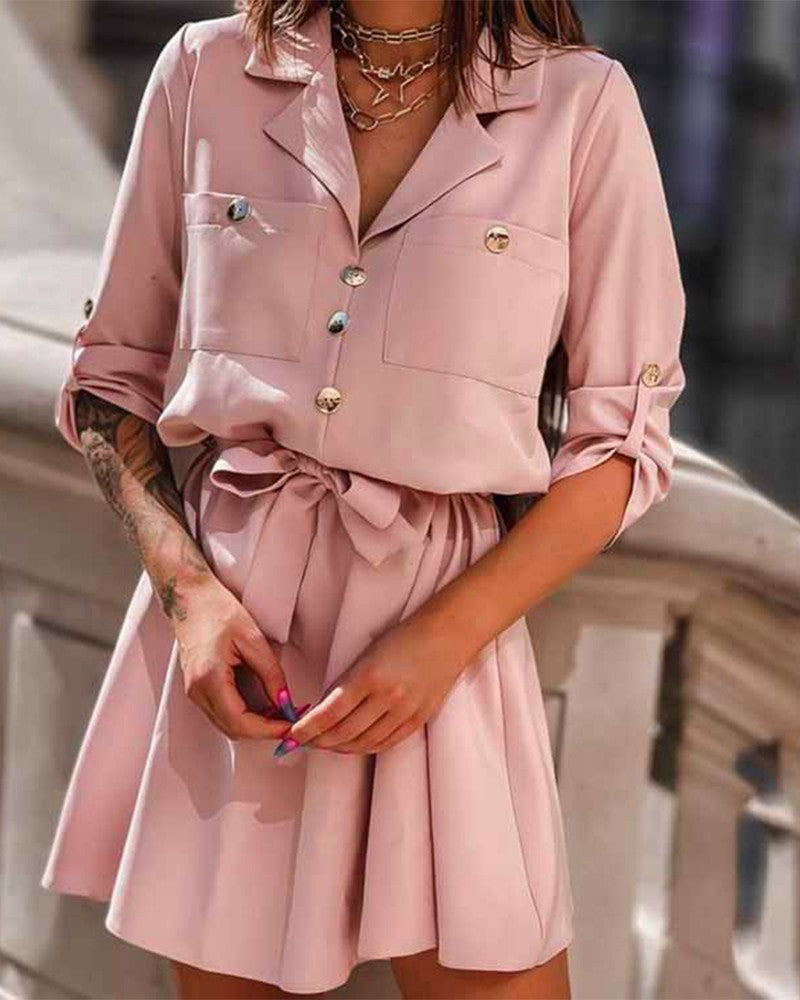 Notched Collar Button Decor Pocket Tie Front Culotte Tweed Dress