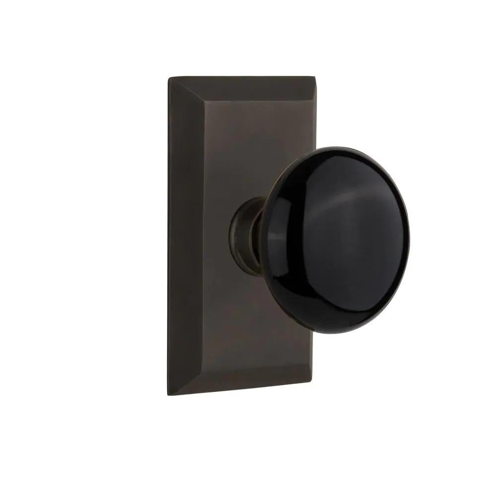 Studio Plate 2-3/4 in. Backset Oil-Rubbed Bronze Privacy Bed/Bath Black Porcelain Door Knob