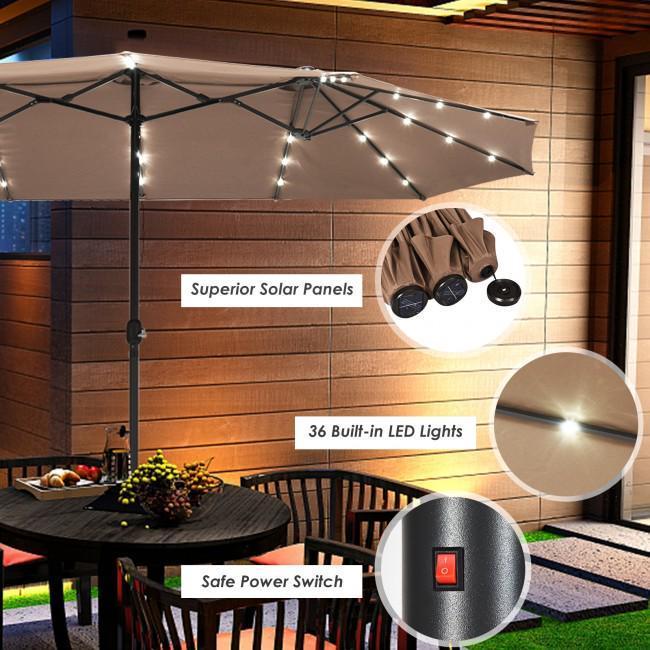 15 Feet Solar LED Patio Double-sided Umbrella with Weight