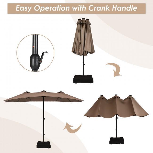 15 Feet Solar LED Patio Double-sided Umbrella with Weight