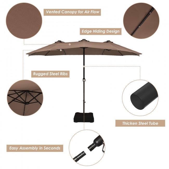 15 Feet Solar LED Patio Double-sided Umbrella with Weight