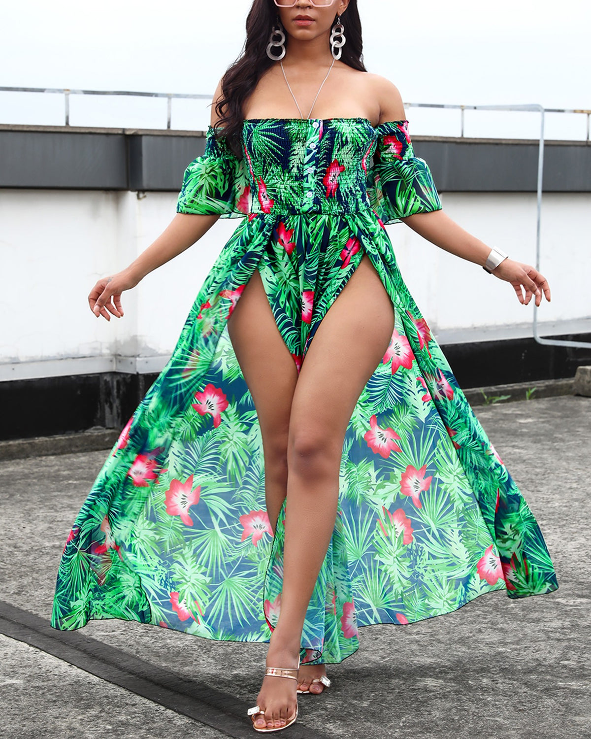 Off Shoulder Print Maxi Women Dress