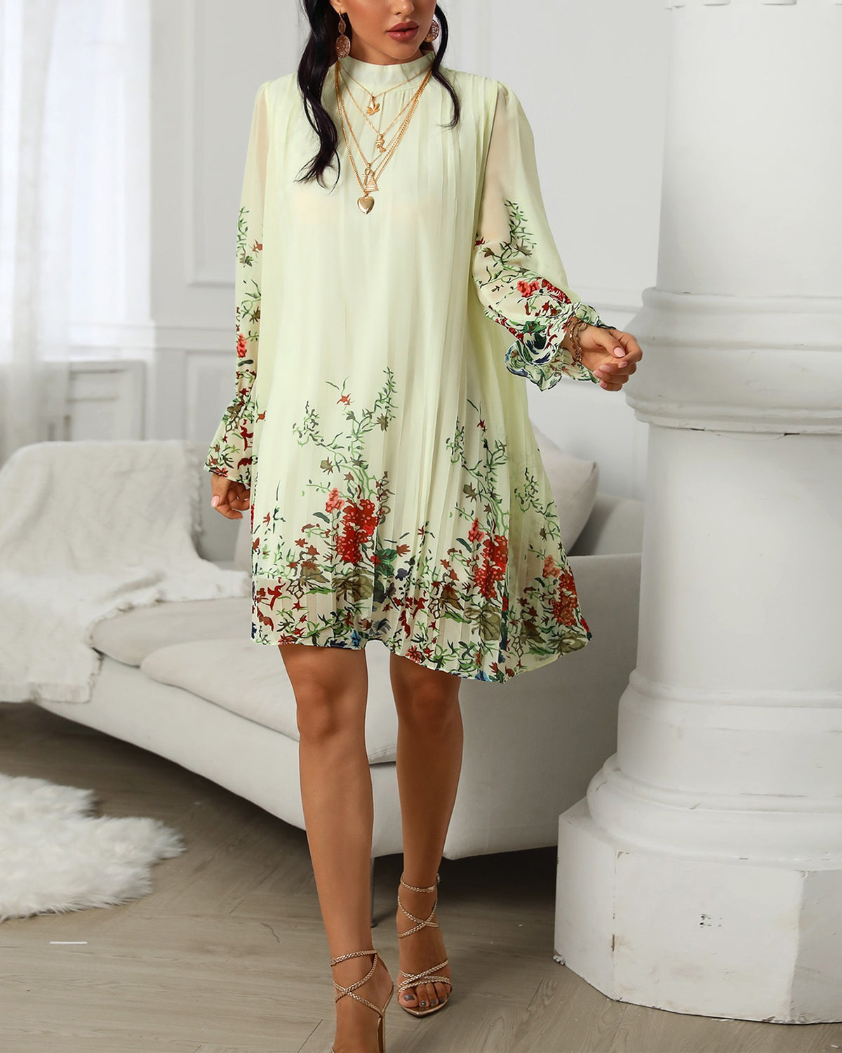 Florla Print Bell Cuff Ruched Casual Dress