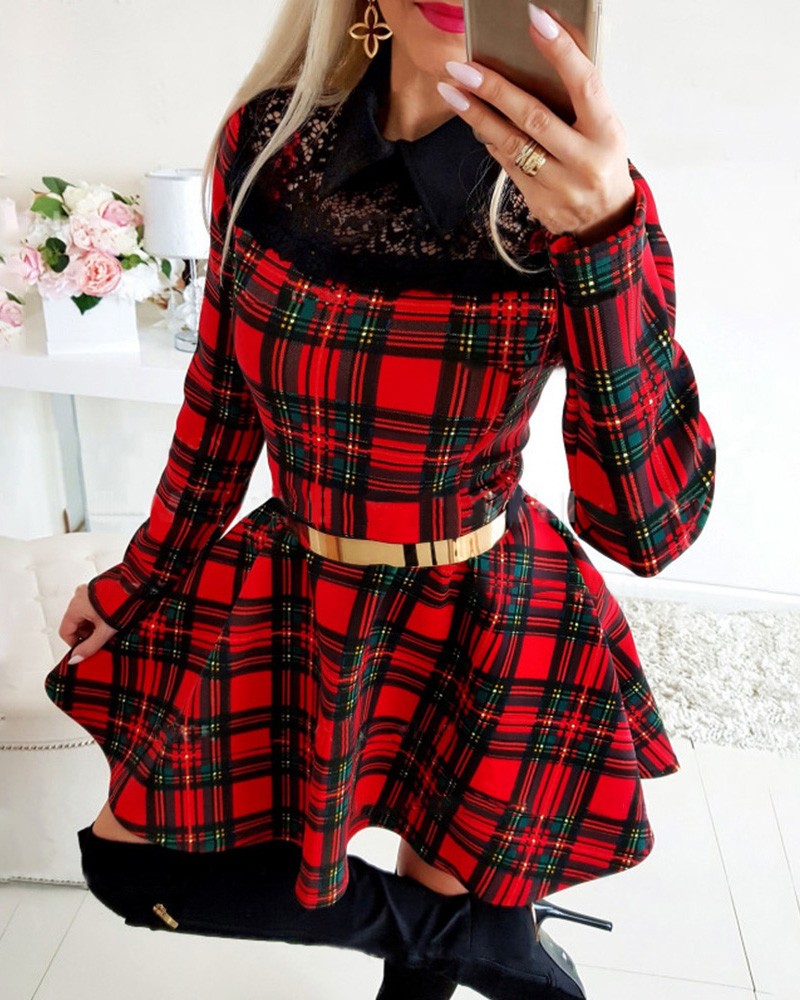 Eyelash Lace Plaid Long Sleeve Women Dress