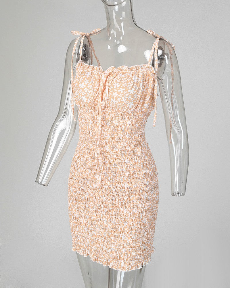 Floral Print Spaghetti Strap Shirring Dress