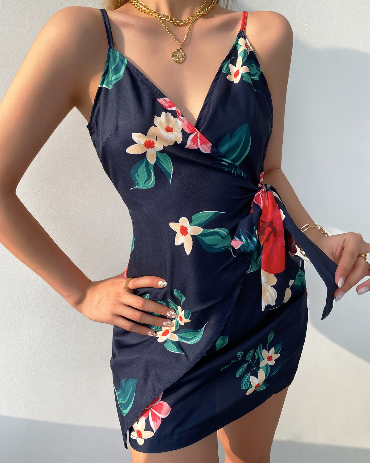 Floral Print V-Neck Wrap Tie Side Cami Dress