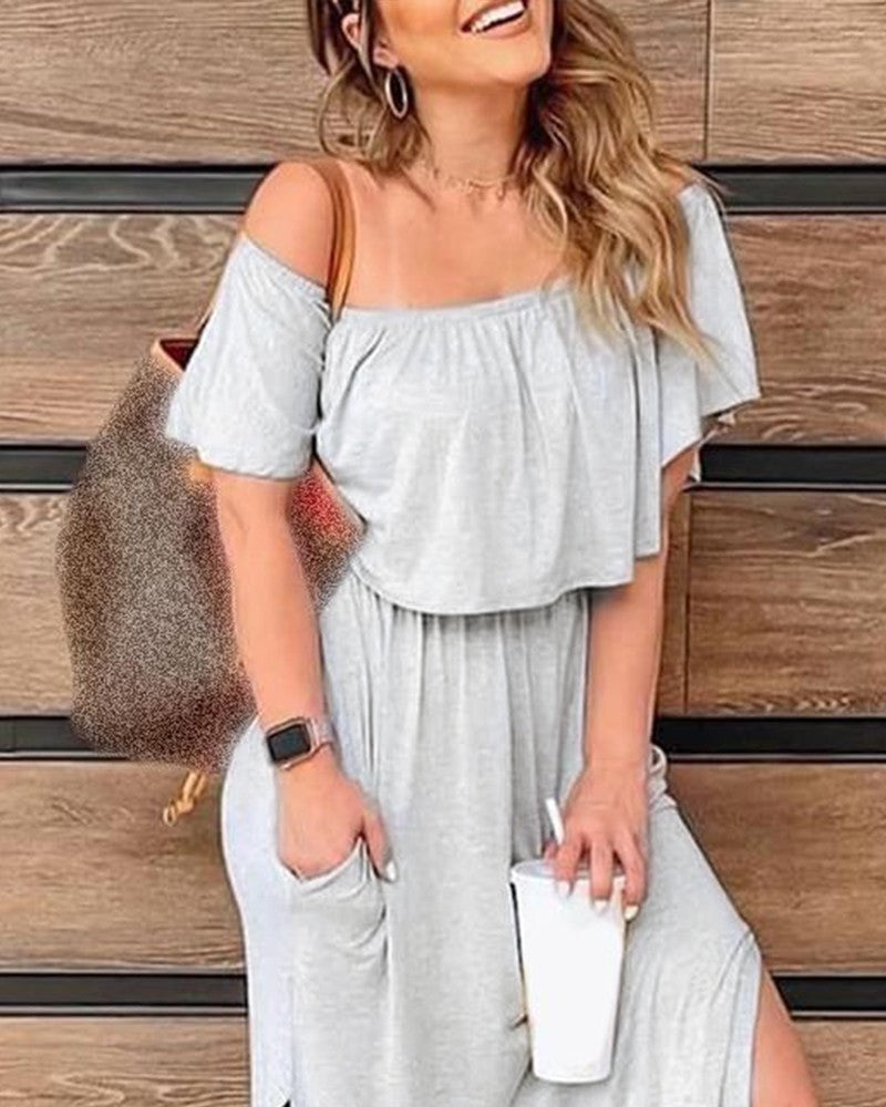 Solid Off Shoulder Ruffles Silit Casual Dress