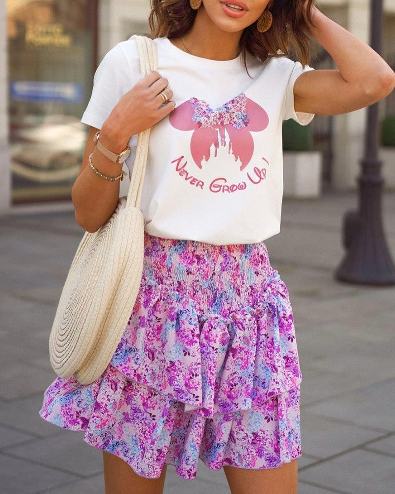 Letter Cartoon Print Top & Layered Ruffles Floral Print Skirt Set
