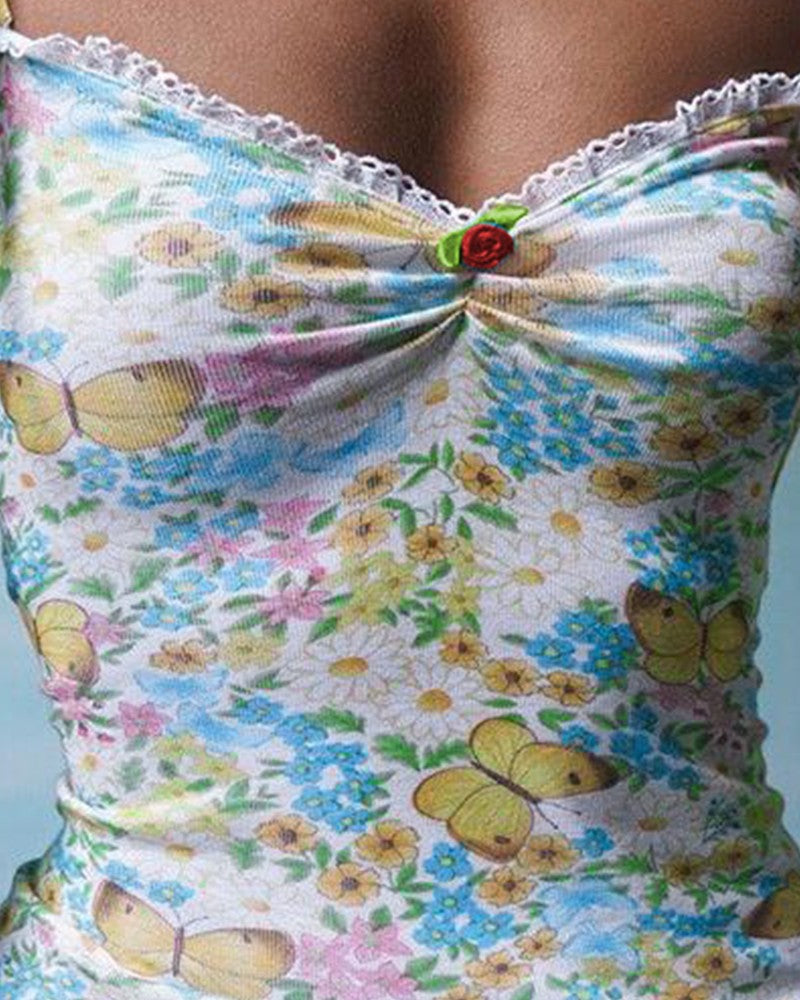 Butterfly Floral Print Tied Detail Frill Hem Dress