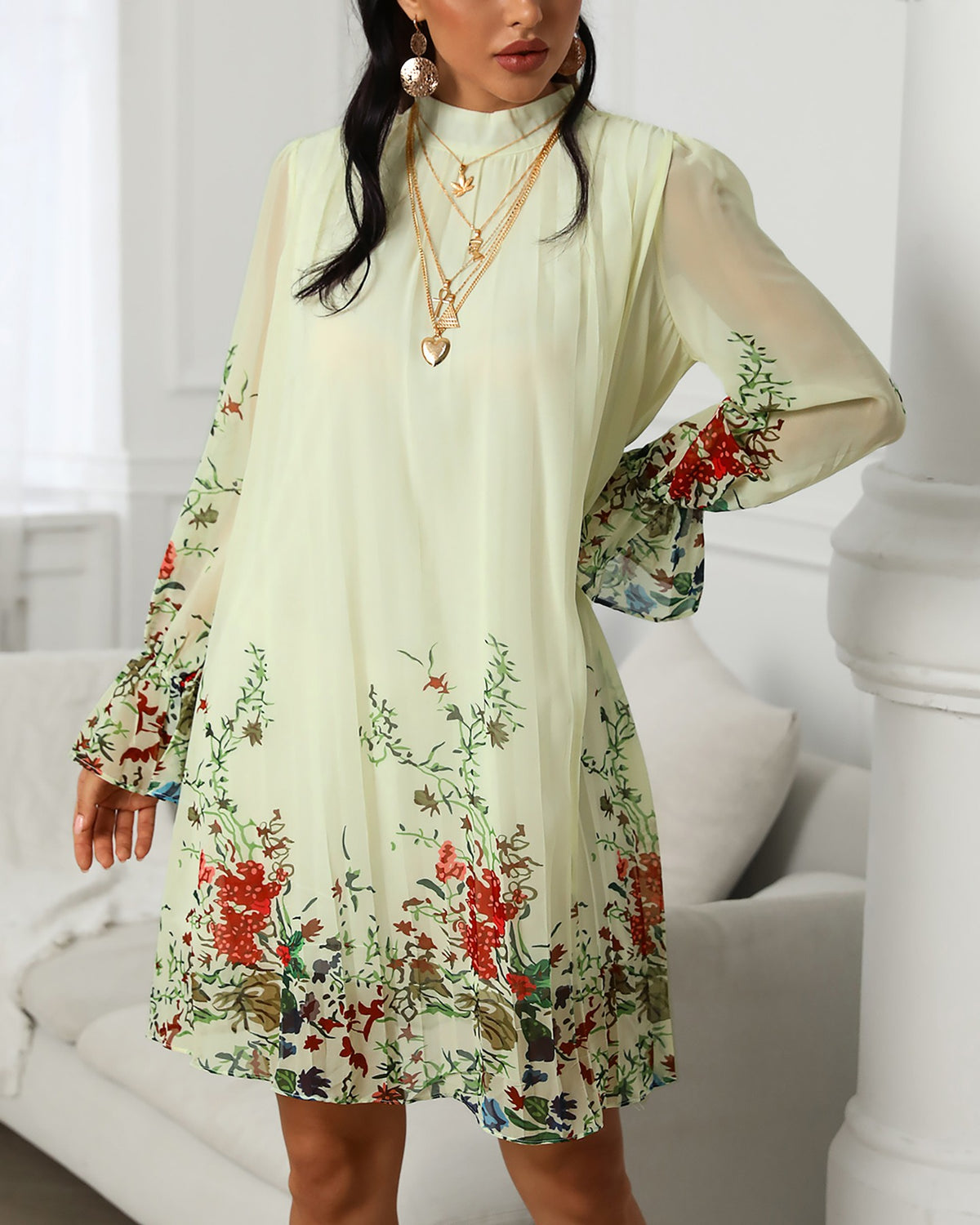 Florla Print Bell Cuff Ruched Casual Dress