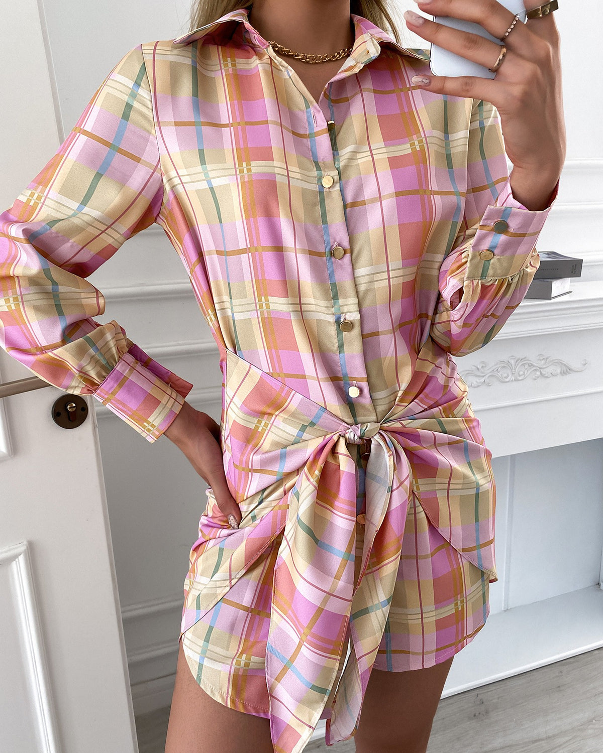 Plaid Print Tied Detail Buttoned Shirt Dress