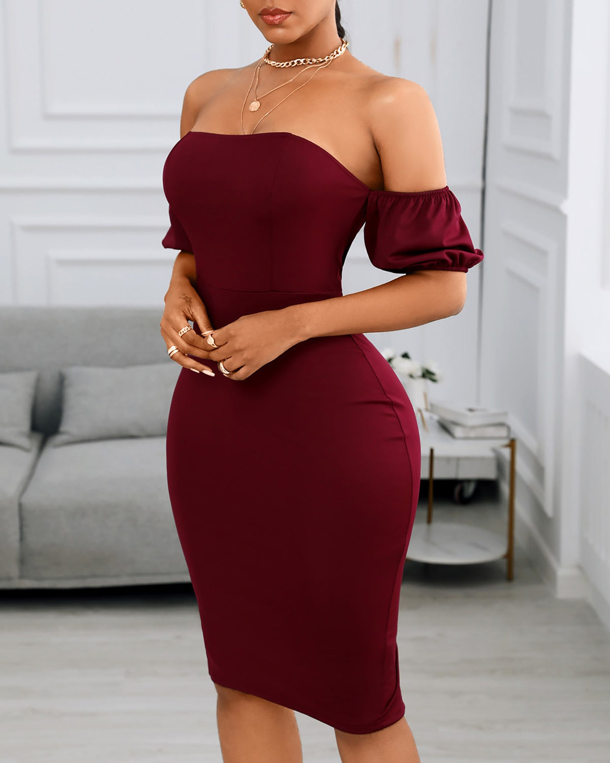 Off Shoulder Plain Zipper Design Back Slit Women Dress