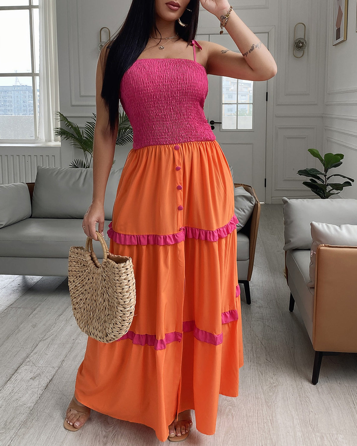 Shirred Frill Hem Buttoned Slit Color Maxi Dress