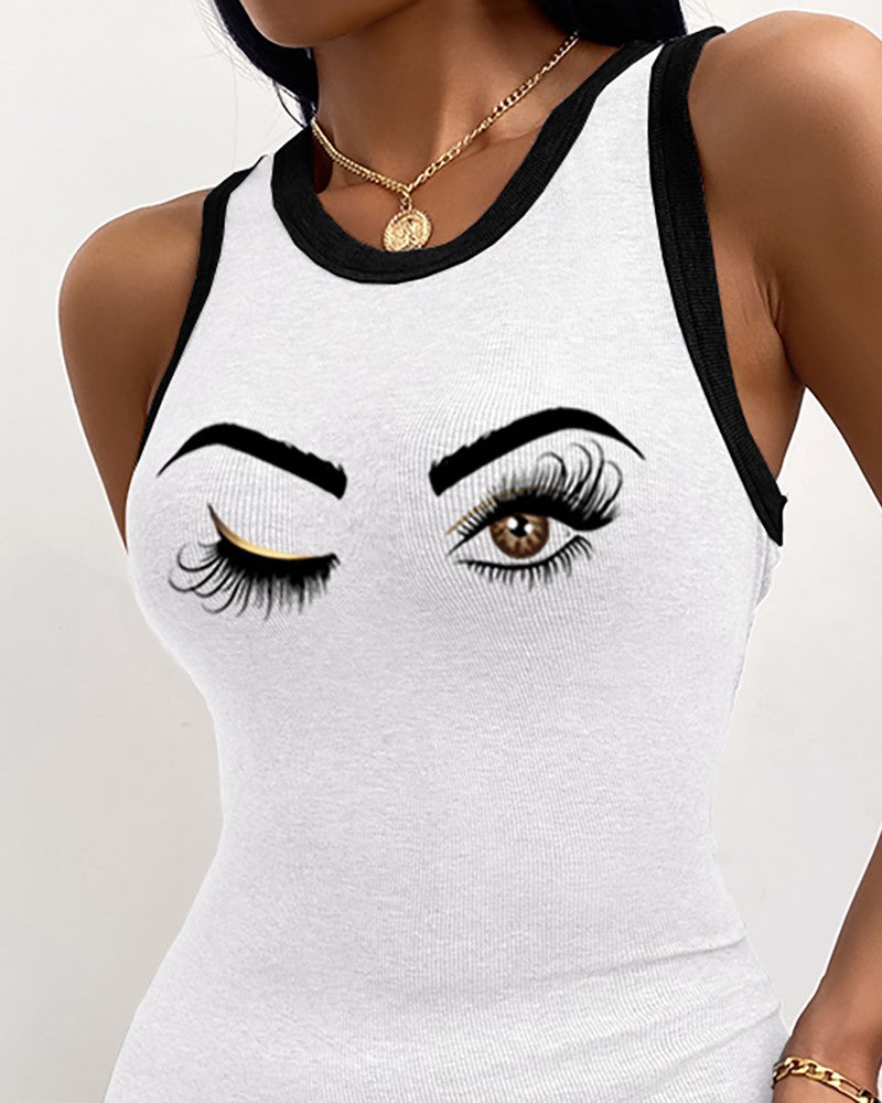 Eye Print Round Neck Ribbed Tank Dress