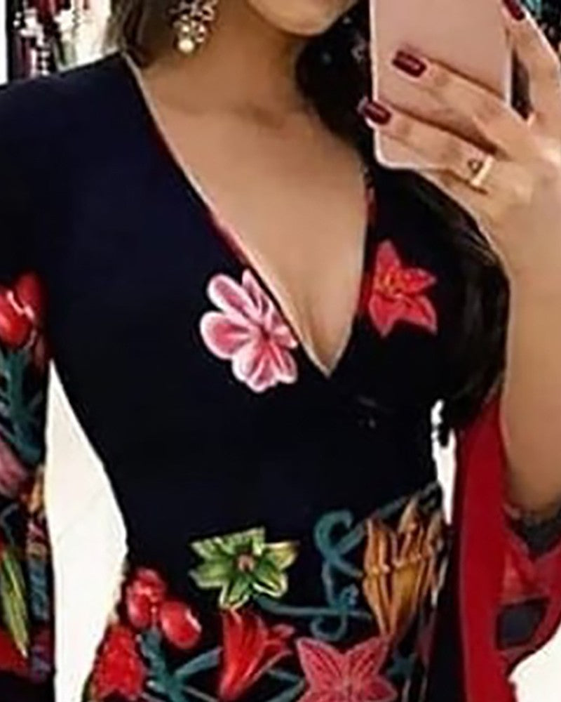 Plunge Bell Sleeve Floral Print Dress