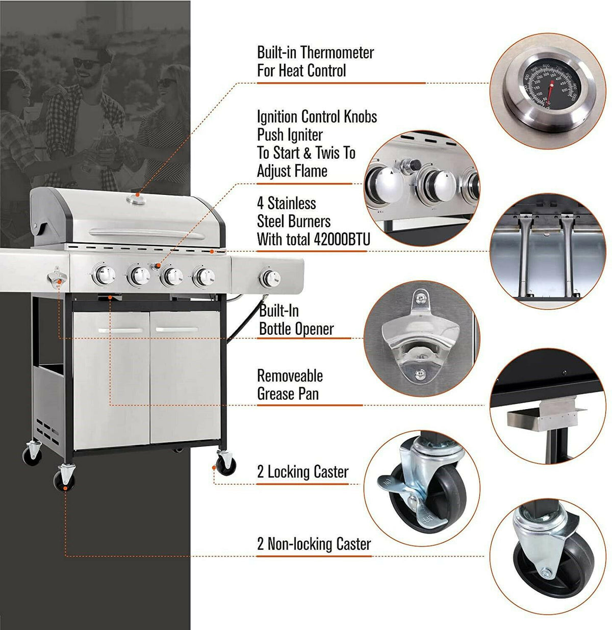 Propane Gas Grill 4 Burner Liquid Propane Gas Grill BBQ Steel Outdoor Cooking