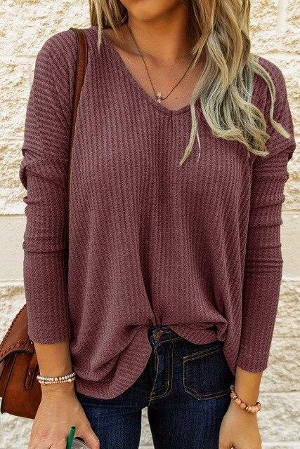 Women ng Autumn Casual Loose T-Shirts V-neck Long Sleeve Ladies Solid Color Pullovers
